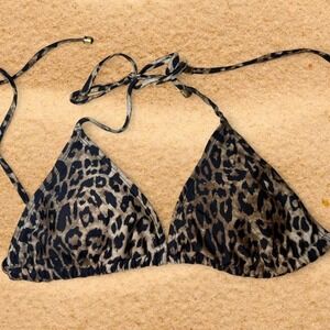 Heat Swimwear Womens Leopard Print Rhinestone Triangle Bikini Top Brown Black M